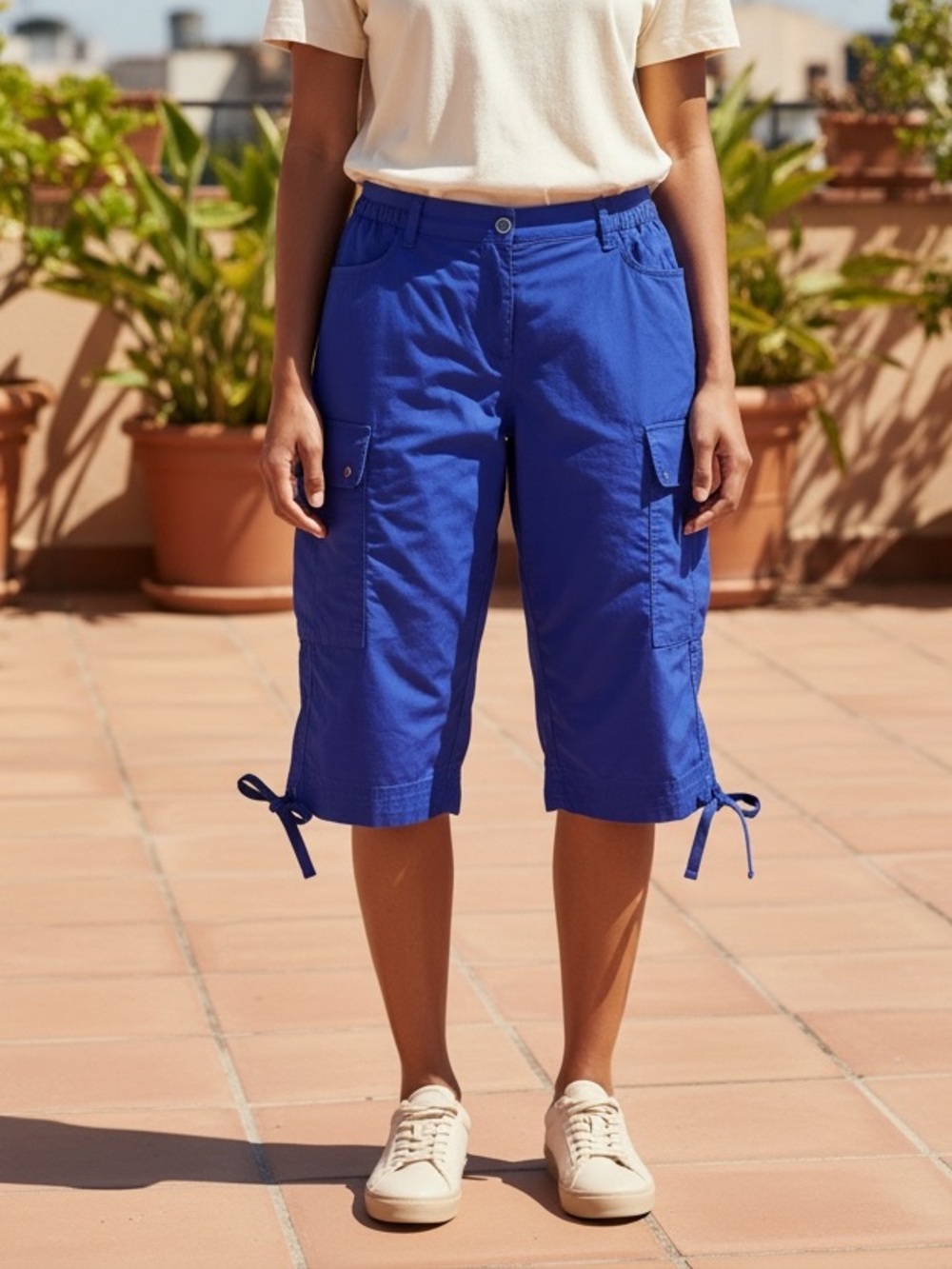Alia Petite Women's Blue Capri Pants Size 16P Cargo Cinch Drawstring Casual